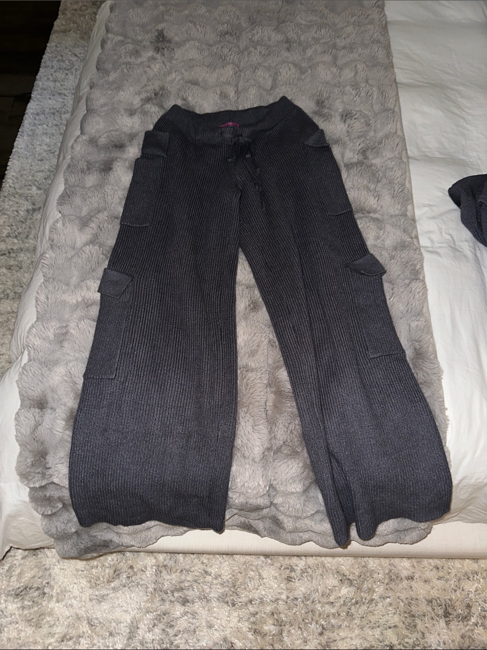 Women's Dark Grey Ribbed Knit Cargo Wide-Leg Pants